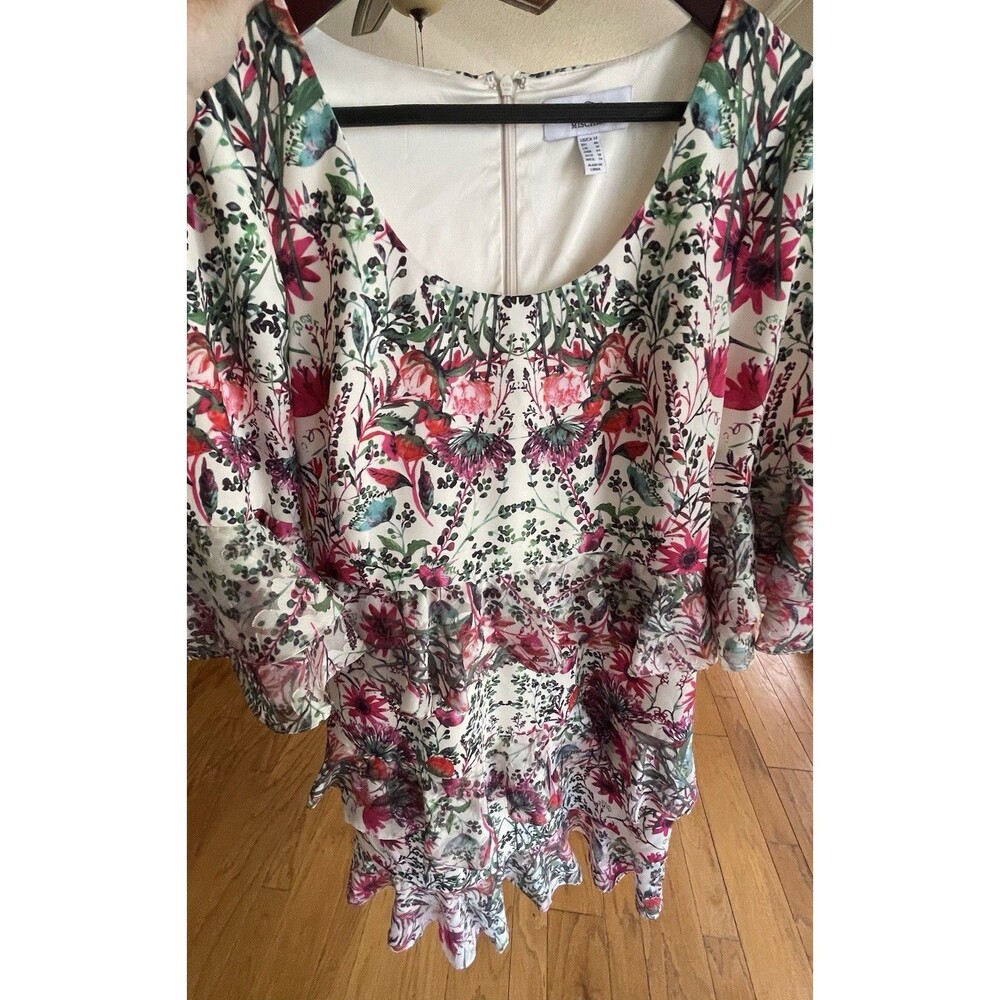 Badgley Mischka Colorful All Over Floral Ruffle Dress Lined Full Zip Ladies 14